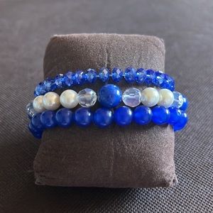 Set of 3 Stretch Bracelets-Cobalt Blue & White Beads-One Size
